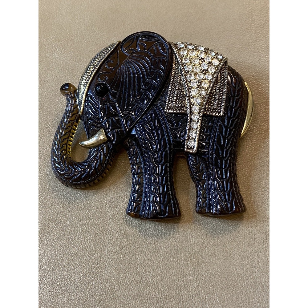 Brooch Elephant Brown Acrylic Gold Tone Metal Rhinestone Details Good Luck Charm
